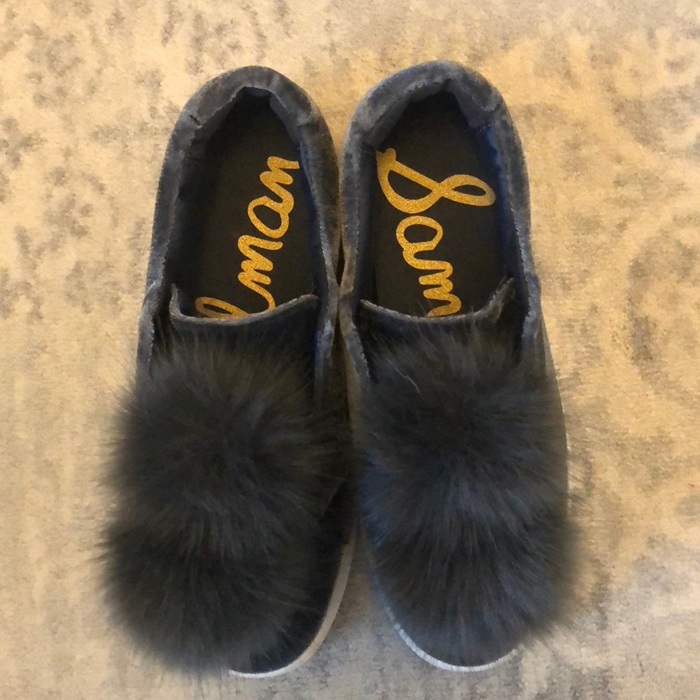 Dark gray velvet and fur sneakers